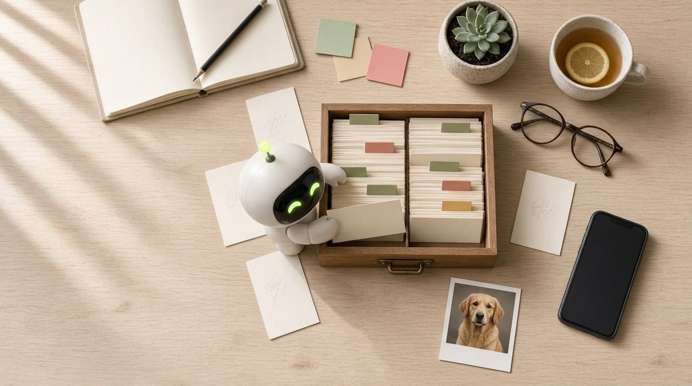 A top-down view of a light wooden desk: a notebook, sticky notes, a cup of lemon tea, a polaroid of a dog and a phone. The Max mascot is filing index cards into a card-catalogue drawer. Cover image for an article about ChatPlus memory