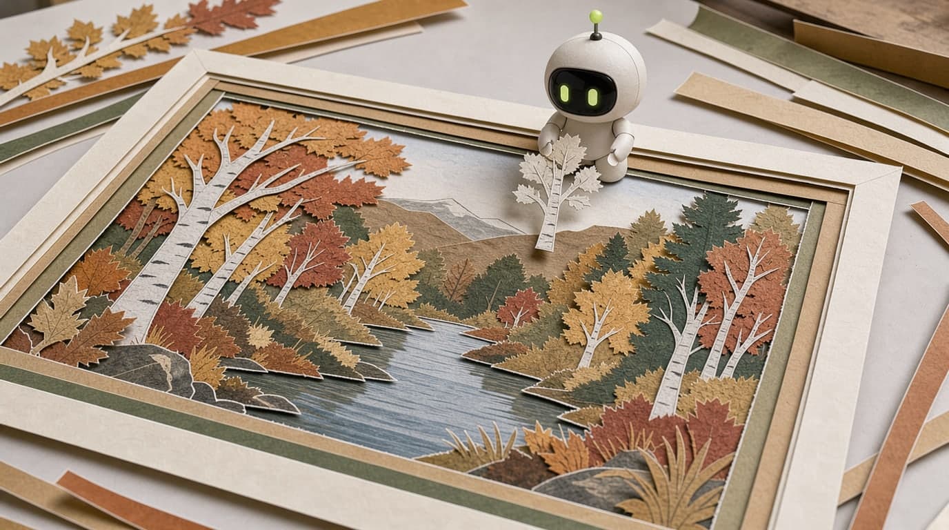 A paper collage: an autumn forest by a river built from layers of ochre, rust and green paper inside a paper frame. The Max mascot sits on the edge of the frame holding a cut-out birch tree, about to place the last piece. The cover was drawn by Flux 3 Image for an article about Flux 3 Image and Flux 3 Klein