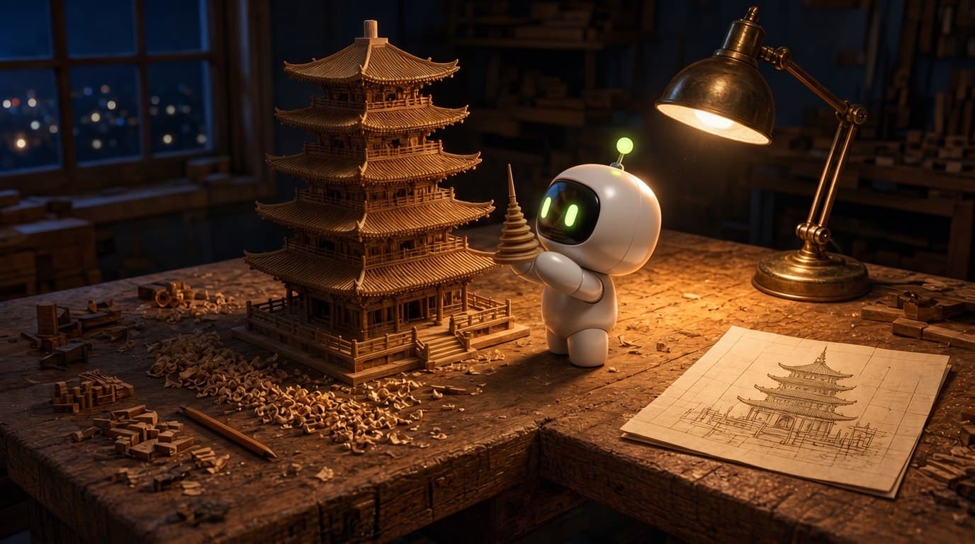 Un laboratorio di notte: su un banco da lavoro, sotto una lampada calda, c’è una pagoda di legno costruita con centinaia di pezzi, mentre la mascotte Max solleva l’ultimo elemento, la guglia, verso il tetto. Immagine di copertina per un articolo su Gemini 4 Argon di Google