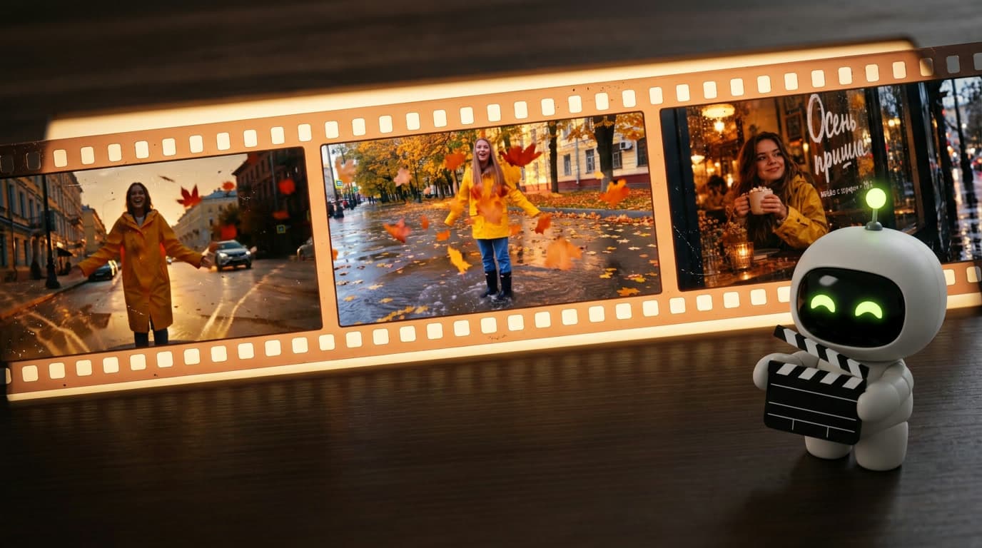 Une bande de film rétroéclairée sur un bureau sombre, avec trois images issues de nos tests : une jeune femme en imperméable jaune dans une rue d’automne, tirée des clips H3 Max et Wan 3.0, et la même femme dans un café, avec un texte manuscrit sur la vitrine, tirée de GPT Image 2.5. À côté, la mascotte Max tient un clap de cinéma ouvert