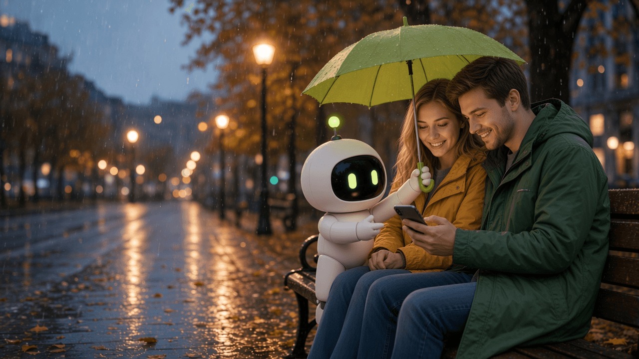 Ein junges Paar sitzt an einem regnerischen Abend auf einer Bank an einem Boulevard, lächelt auf ein Smartphone, während das Max-Maskottchen neben ihnen steht und einen limettengrünen Regenschirm über ihre Köpfe hält. Titelbild für einen Artikel über Claude-Kontosperrungen