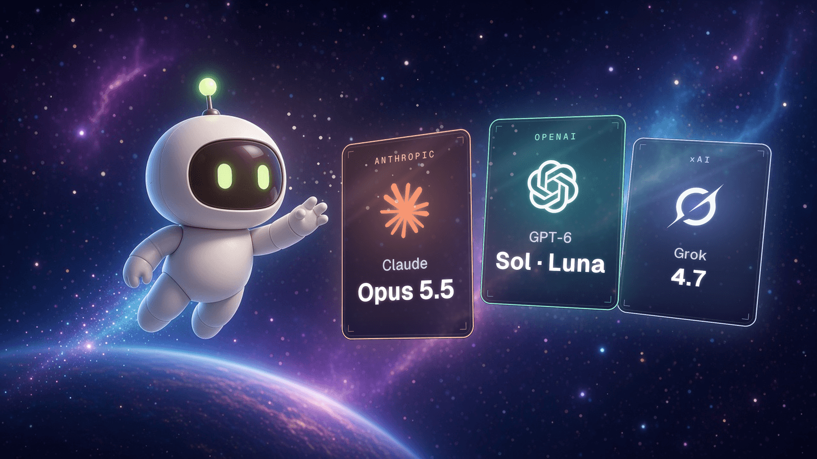 Max-Maskottchen schwebt im Weltall über dem Rand eines Planeten und greift nach drei holografischen Karten mit den Logos und Beschriftungen „Anthropic — Claude Opus 5.5“, „OpenAI — GPT-6 Sol · Luna“ und „xAI — Grok 4.7“. Titelbild für einen Artikel über neue Modelle