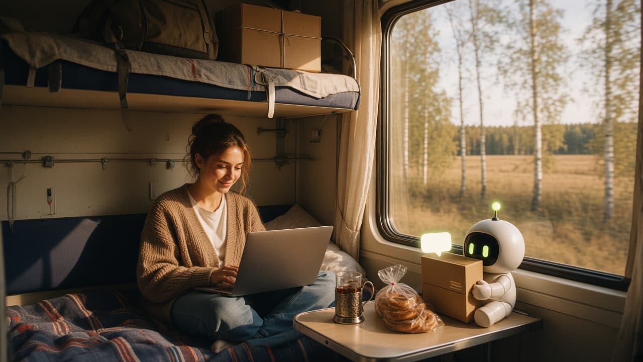 Eine junge Frau mit Laptop fährt in einem sonnigen Zugabteil, während das Max-Maskottchen einen Karton mit leuchtenden Sprechblasen umarmt. Titelbild für einen Leitfaden zum Wechsel von ChatGPT und Claude