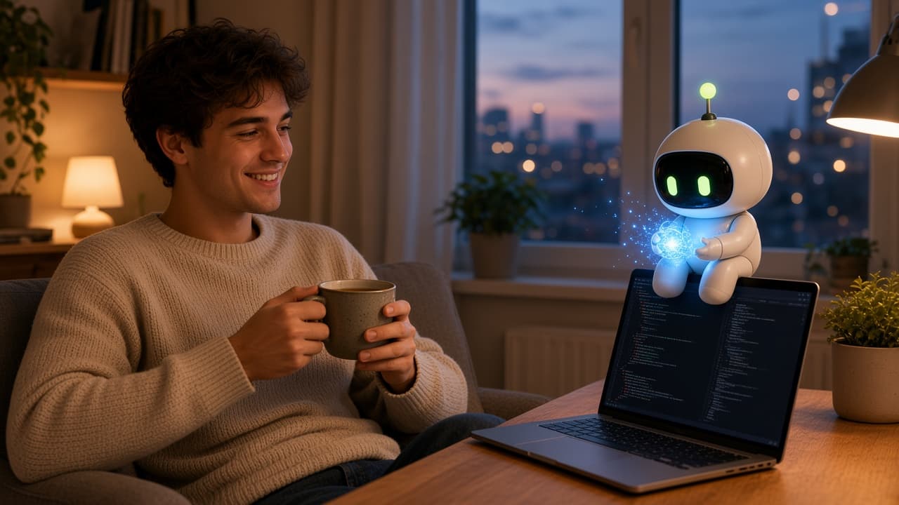 Ein junger Mann arbeitet nachts an einem Fenster mit Blick über die Stadt, auf seinem Laptop-Bildschirm läuft ein Agent, und das Max-Maskottchen sitzt auf dem Laptopdeckel und hält einen blauen Funken in den Händen. Titelbild für einen Artikel über Muse Spark 1.3 von Meta