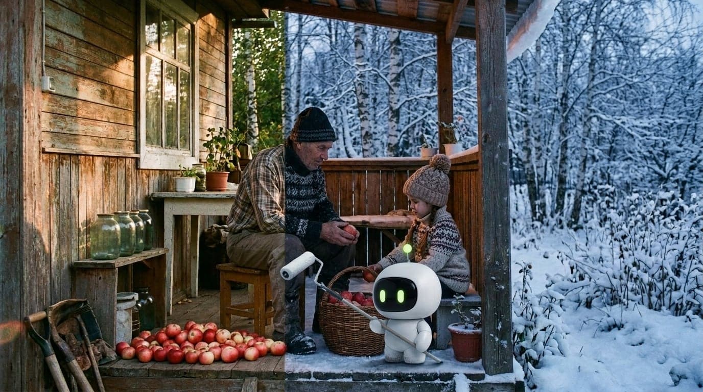 一条清晰的竖线把夏日小屋门廊变成冬天,竖线正好穿过正在和孙女一起分拣苹果的祖父,Max 吉祥物则拿着滚筒把冬天刷上去。Google Nano Banana 2.1 文章封面图