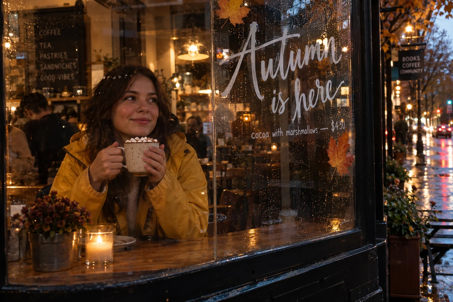Image GPT Image 2.5 : la femme en imperméable jaune tient une tasse de chocolat chaud derrière la vitrine d’un café, avec « Autumn is here » et « cocoa with marshmallows — $4.50 » écrits à la main sur le verre